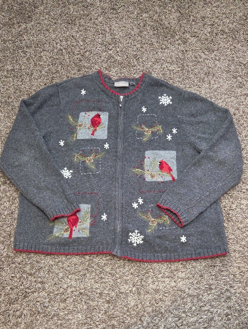Ugly Christmas Sweater Cardinal Embroidered ZipFront Gray Holiday Grandmacore XL
